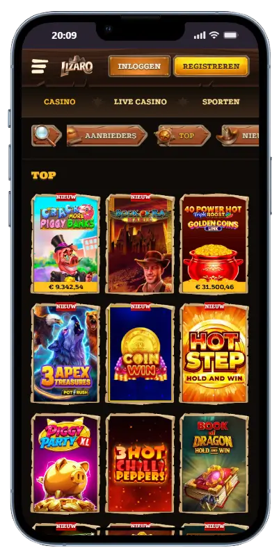 Populaire slots in Lizaro Casino Top spellenoverzicht in de Lizaro Casino app met populaire slots zoals Crack More Piggy Banks, Book of Ra, 40 Power Hot Golden Coins, 3 Apex Treasures, Coin Win, Hot Step Hold and Win, Piggy Party XL, 3 Hot Chilli Peppers en Book of Dragon