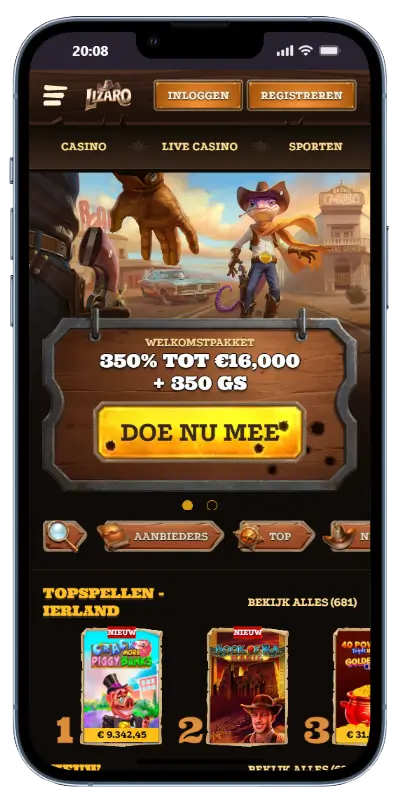 Lizaro Casino mobiele app homepagina Startscherm van de Lizaro Casino mobiele app met welkomstpakket banner 350% tot €16.000 + 850 gratis spins, navigatiemenu met Casino, Live Casino en Sporten, en topspellen voor Ierland