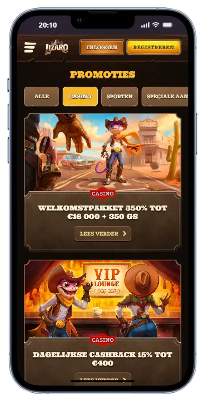 Lizaro Casino actieve bonusaanbiedingen Promotiespagina van Lizaro Casino met het welkomstpakket 350% tot €16.000 + 350 gratis spins en dagelijkse cashback 15% tot €400 in de mobiele app