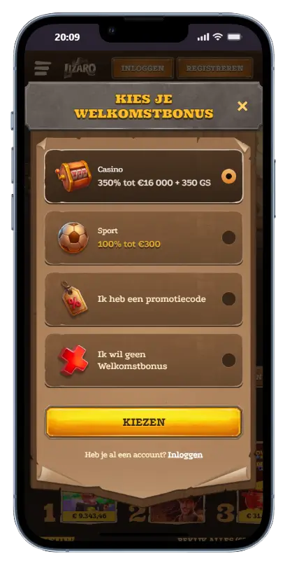Lizaro Casino welkomstbonus selectie Welkomstbonus keuzescherm in de Lizaro Casino mobiele app met opties voor Casino 350% tot €16.000 + 350 gratis spins, Sport 100% tot €300, promotiecode of geen bonus